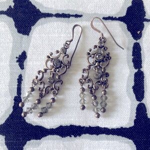 Antiqued Silver Chandelier Earrings with Cascading Grey Smoke crystal Beads